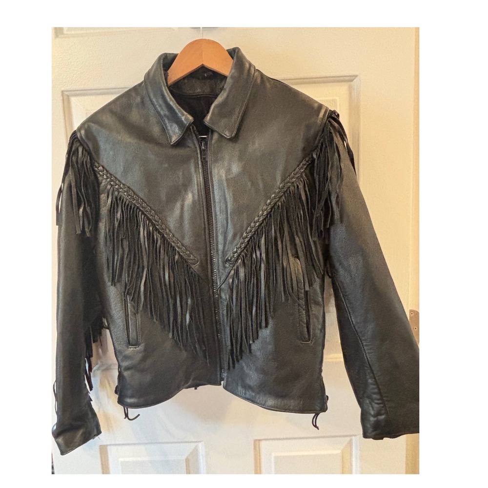 Vintage Black Leather Fringe Western Motorcycle Jacket Braided Trim Womens L